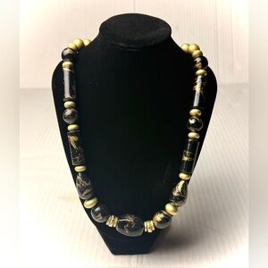 Vintage Black & Gold Splatter Beaded Necklace Jewelry MCM Mid Century Modern 80s